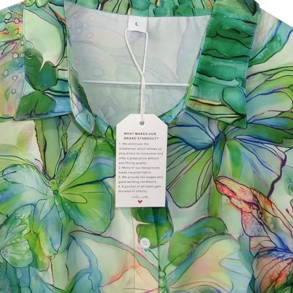 Green Butterfly Print Button Down Shirt Long Sleeve Blouse Nature Art Top Large - Picture 2 of 3